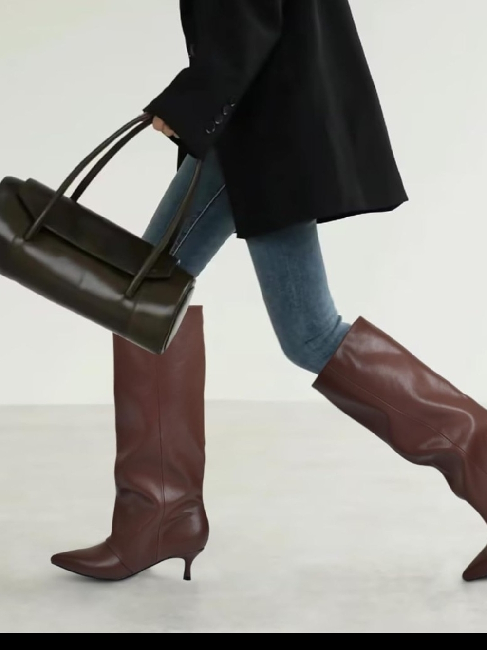 Women's Brown Leather Mid-Knee Kitten Heel Boots